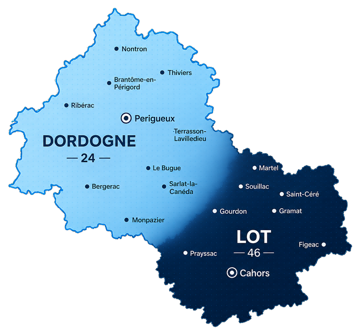 Map of Dordogne and the Lot showing the main towns